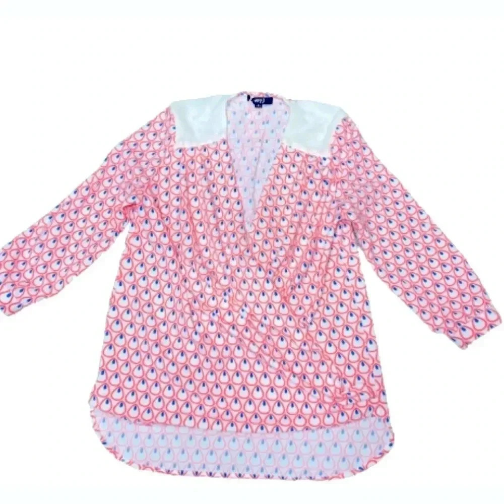 VERY J‎ TOP FLORESCENT ORANGE WHITE PRINT HIGH LOW WRAP BLOUSE SIZE SMALL